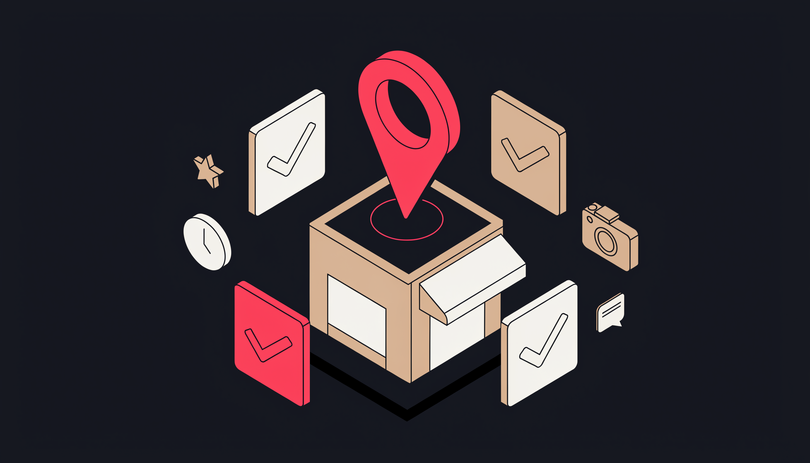 Isometric flat 2D illustration of Google Business Profile optimization: a sand-beige storefront with a pink-red map pin above it, orbited by checklist cards with checkmarks, a star, clock, camera, and chat bubble on a dark charcoal background.