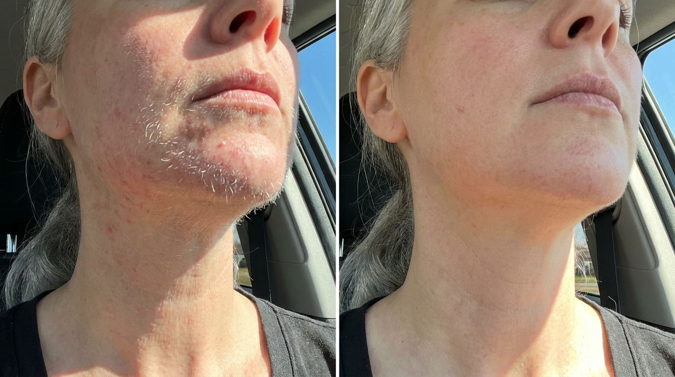 Helen, 59 — white chin hair, before and after 8 weeks