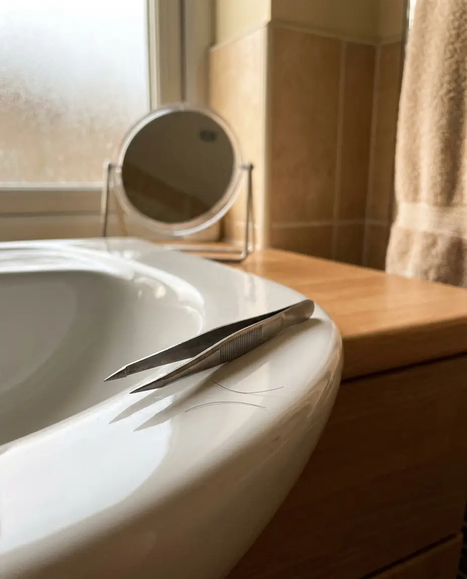 Tweezers resting on the edge of a bathroom sink