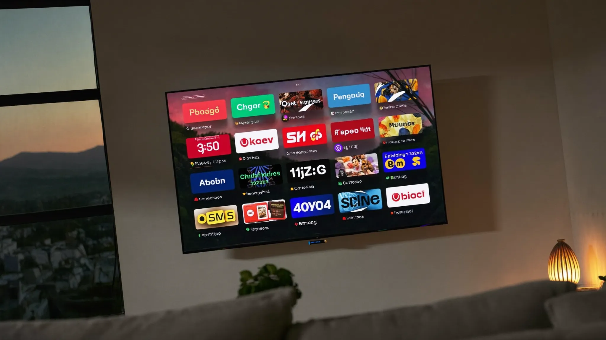 Salon avec une télévision affichant la grille de chaînes d'IPTV Smarters Pro