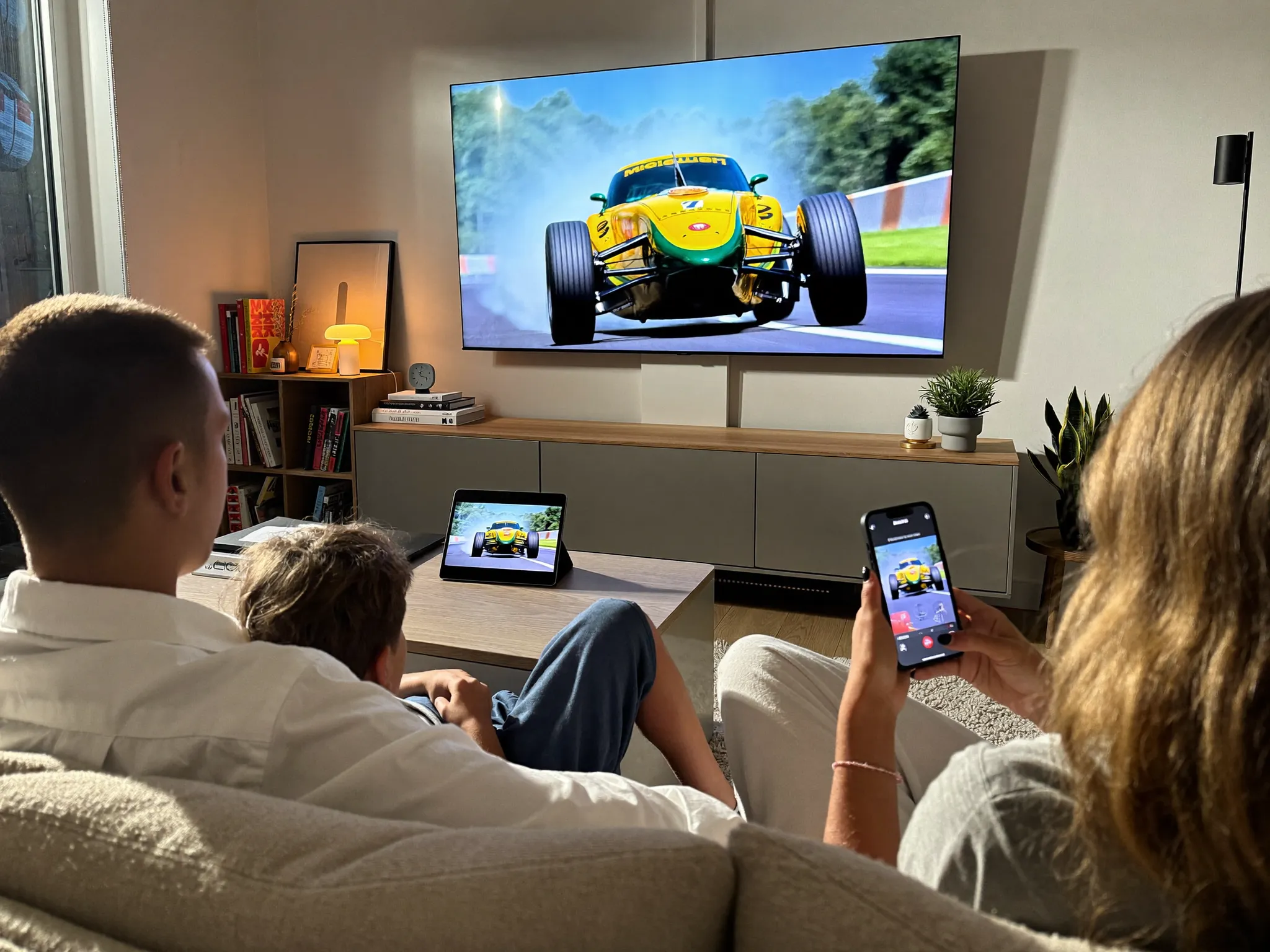 Famille dans un salon : télévision, tablette et téléphone qui lisent des programmes différents avec un abonnement IPTV multi-écrans