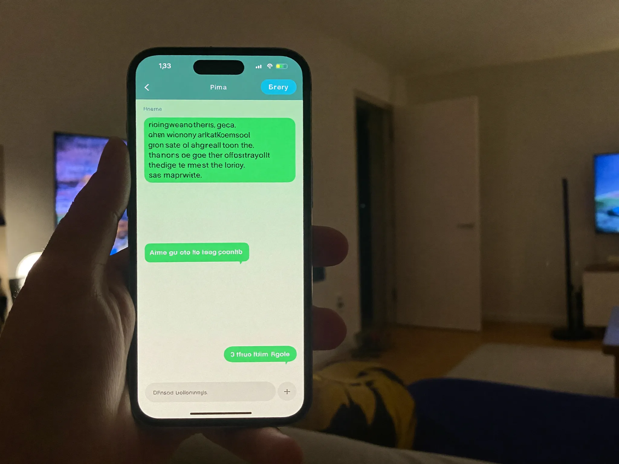Téléphone tenu dans la main le soir, conversation WhatsApp avec le support de l'abonnement IPTV 12 mois, télévision floue en fond