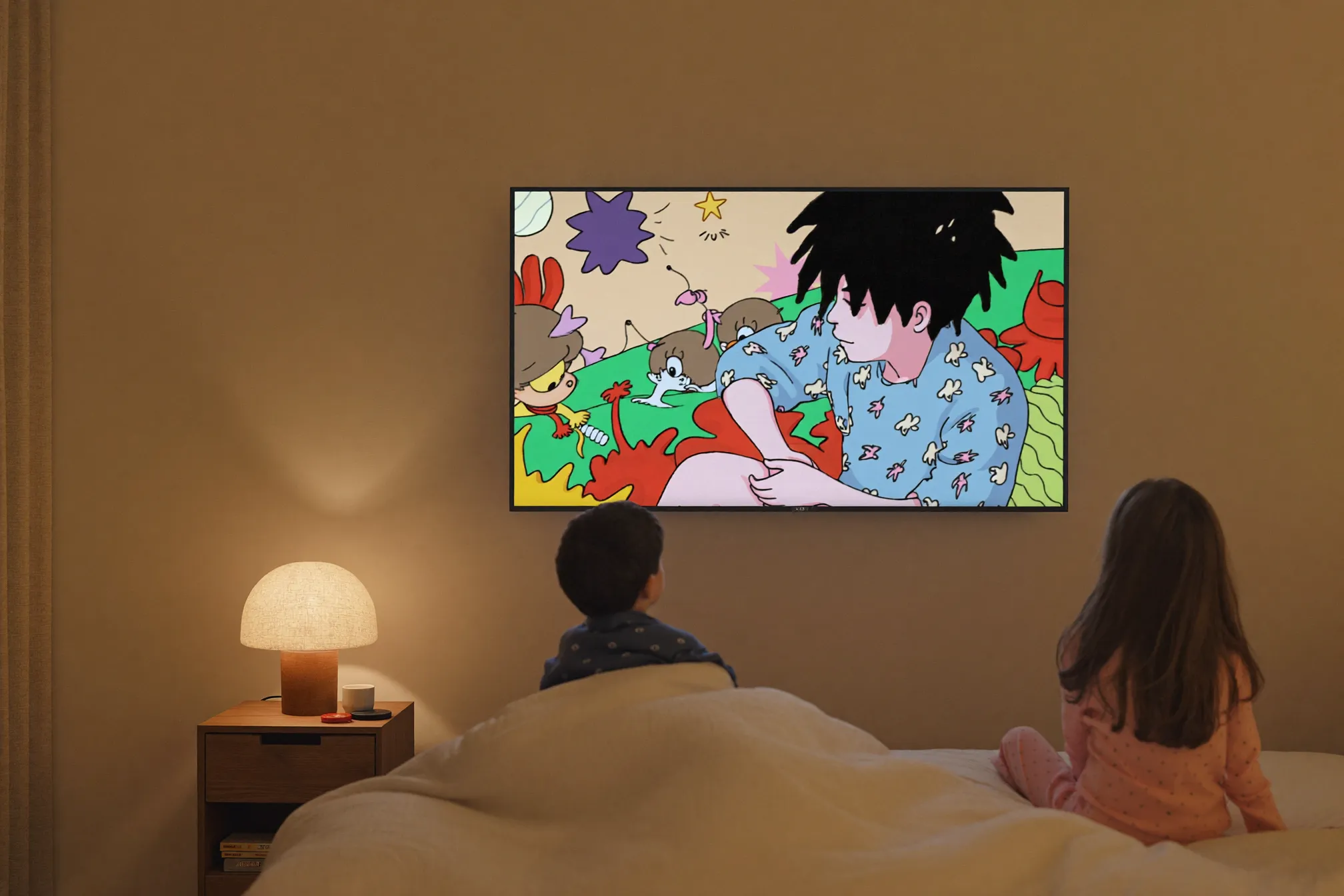 IPTV multi-écrans : les enfants regardent un programme jeunesse dans la chambre pendant que le salon suit le sport