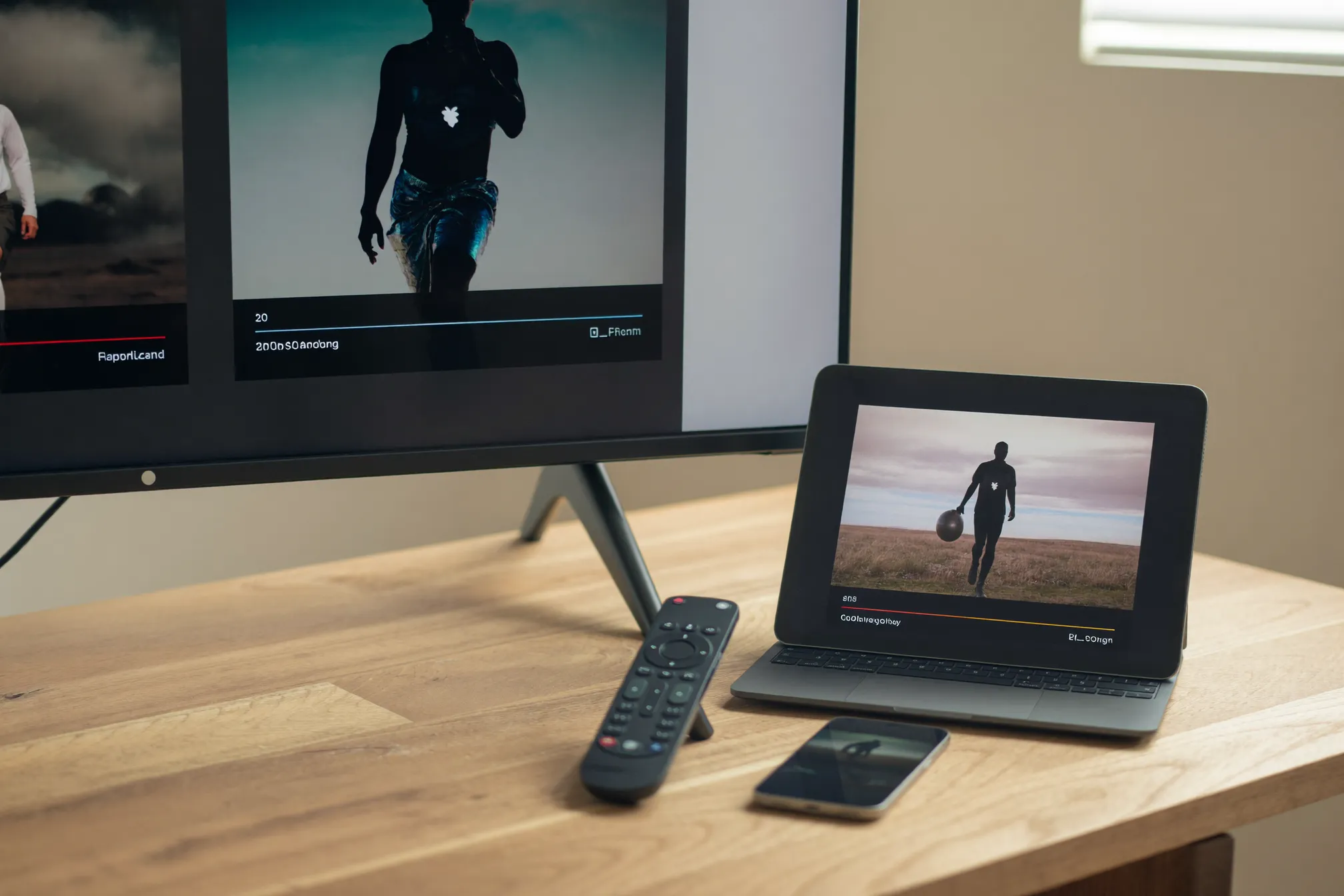 IPTV multi-écrans : télécommande, tablette et téléphone côte à côte, chacun sur un programme différent
