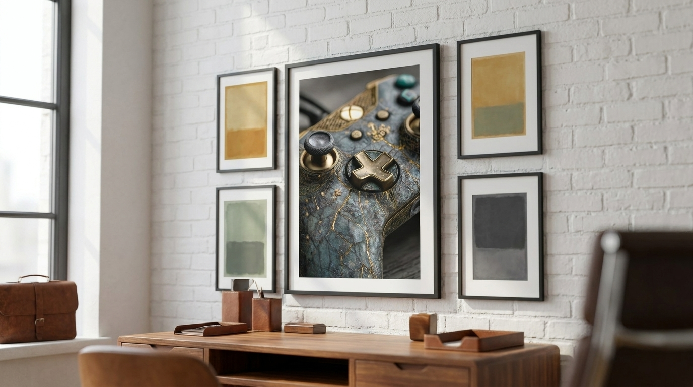A planned retro gaming gallery wall with a large framed Patina of Play print as the anchor and aligned smaller frames