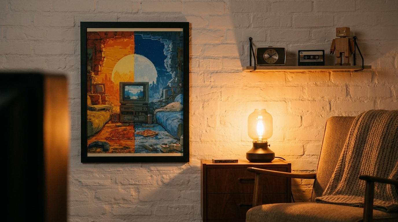 A cozy retro gaming room corner at night with a framed Split Screen Nostalgia print lit by a warm lamp