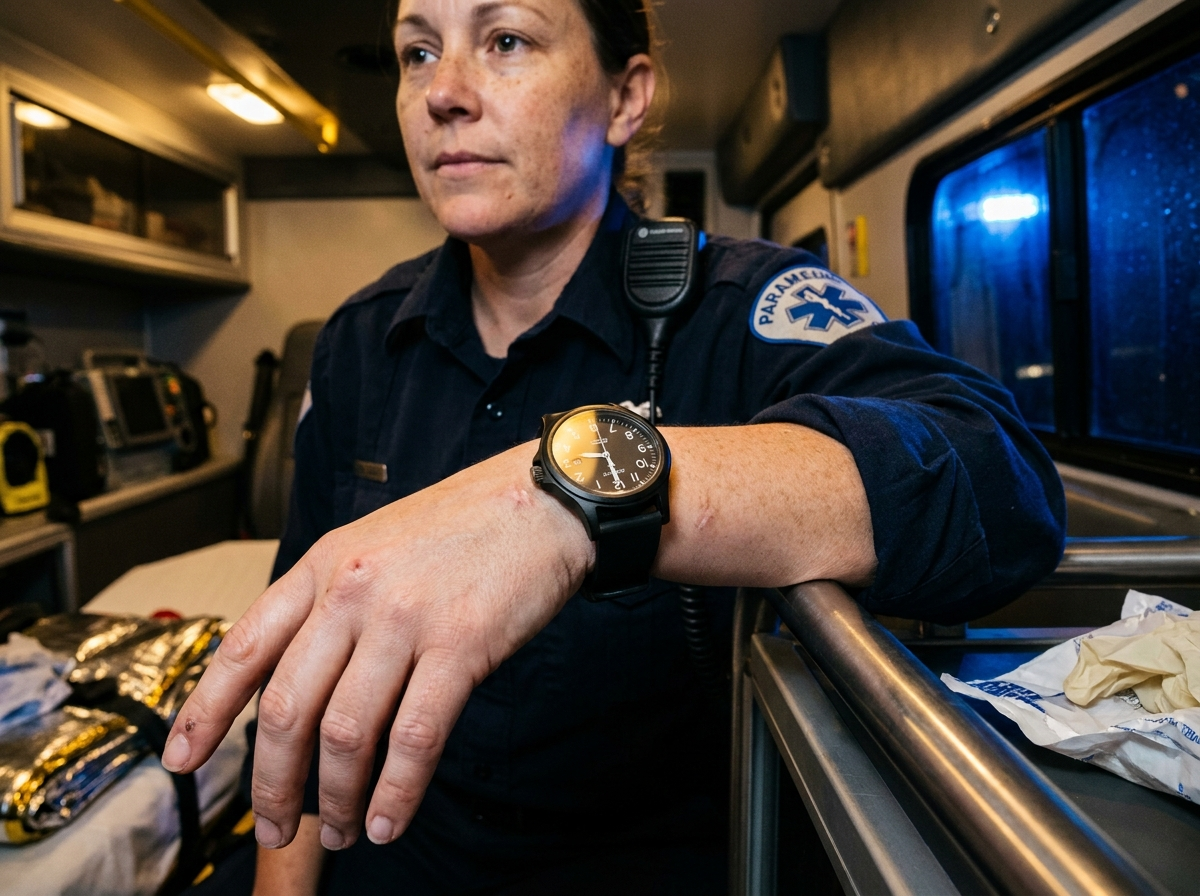 A paramedic working in the back of an ambulance mid-run