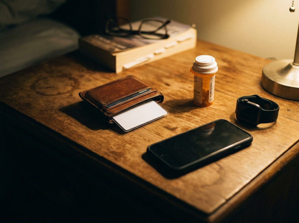 A bedside nightstand at night: wallet, locked phone, smartwatch, pill bottle in warm lamplight