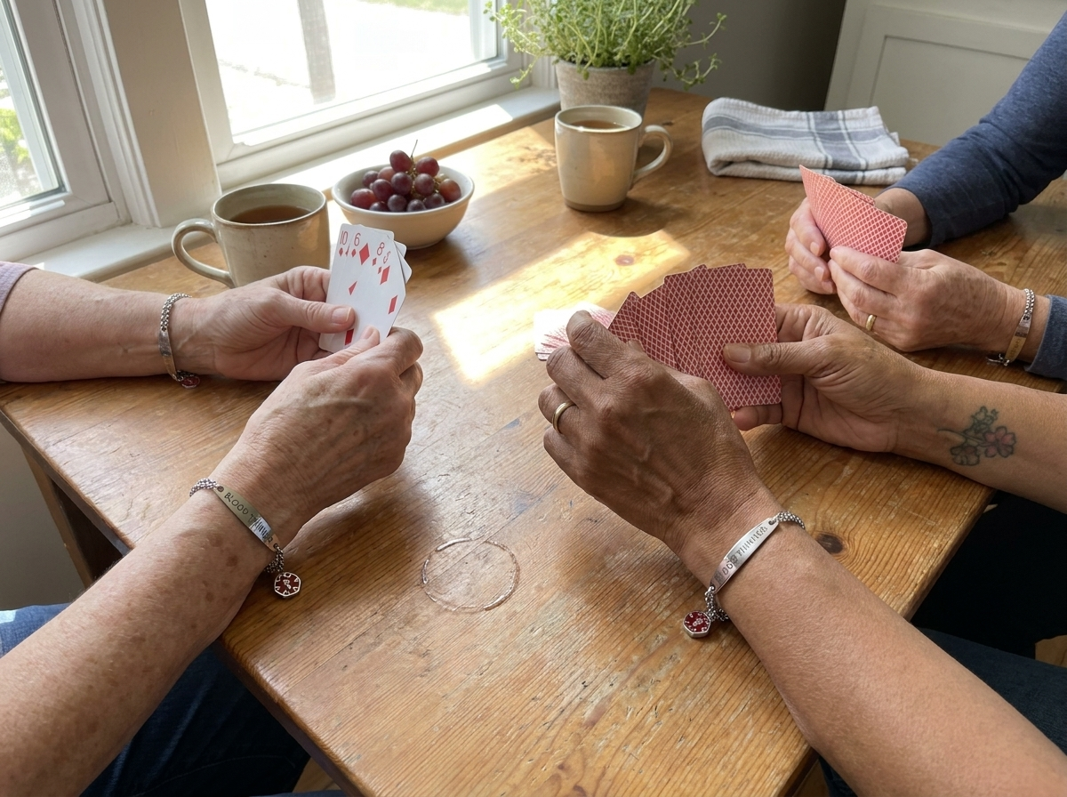 Three women in their sixties and seventies playing cards at a kitchen table, all wearing the Wrist-Check Bracelet
