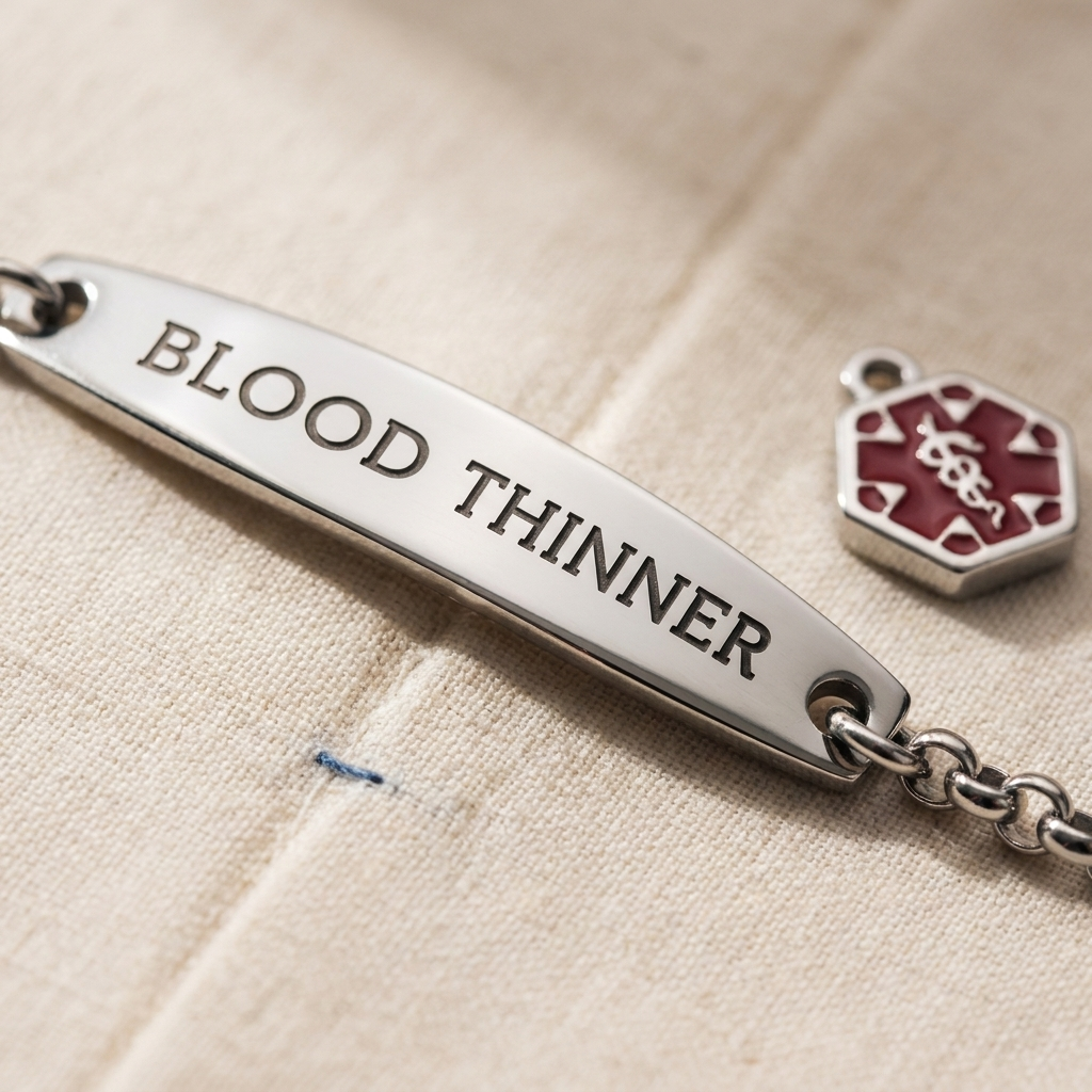 Macro of the polished steel bracelet plate engraved BLOOD THINNER