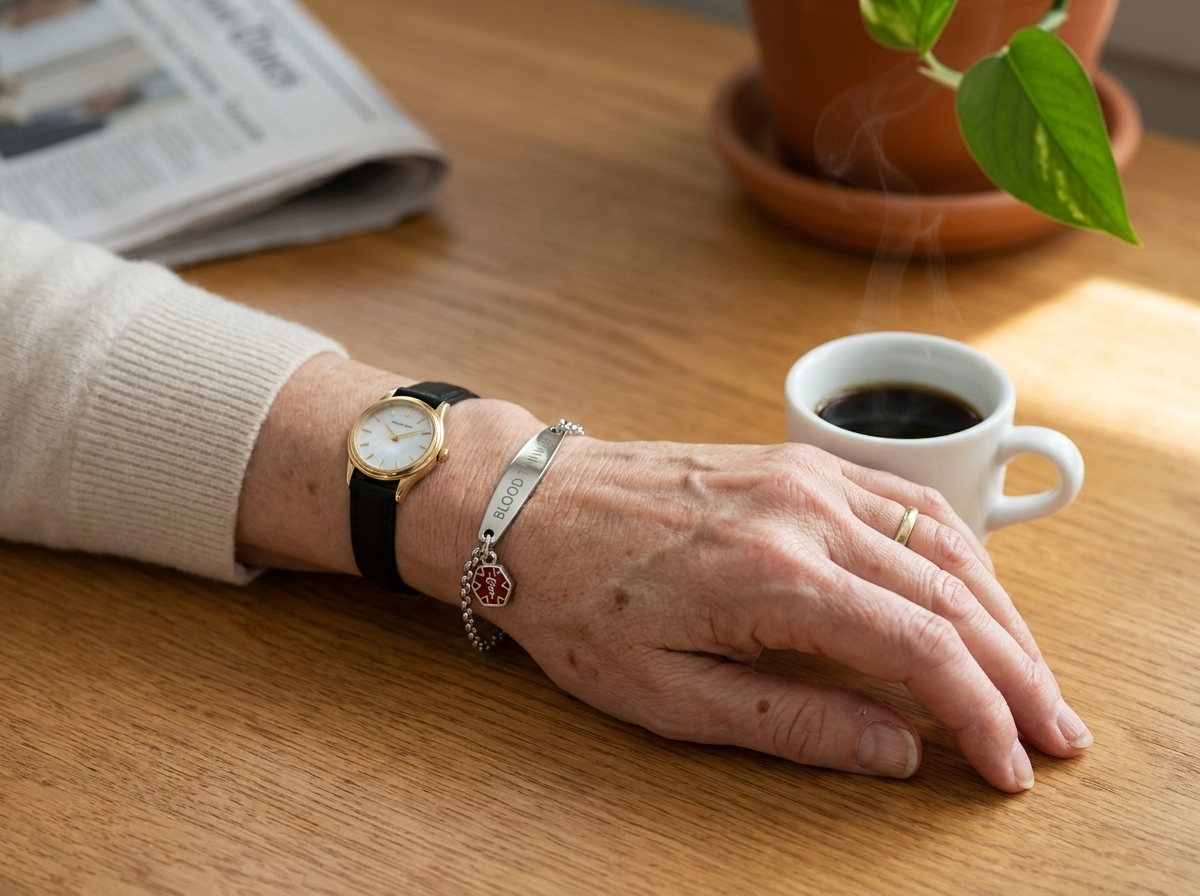 The Wrist-Check Bracelet worn beside a classic watch on a woman's wrist over morning coffee