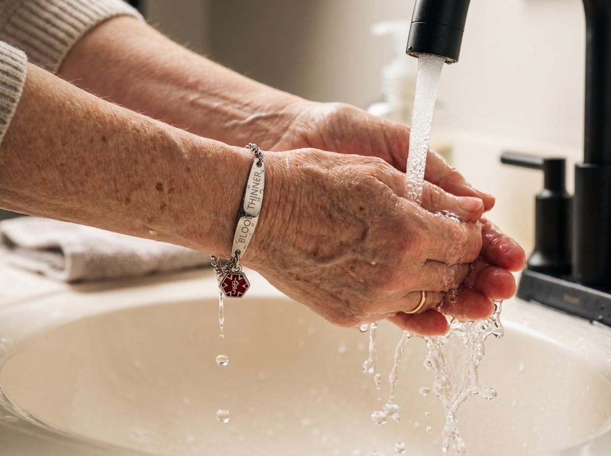 The Wrist-Check Bracelet under running water at a kitchen sink, BLOOD THINNER engraving legible through the stream