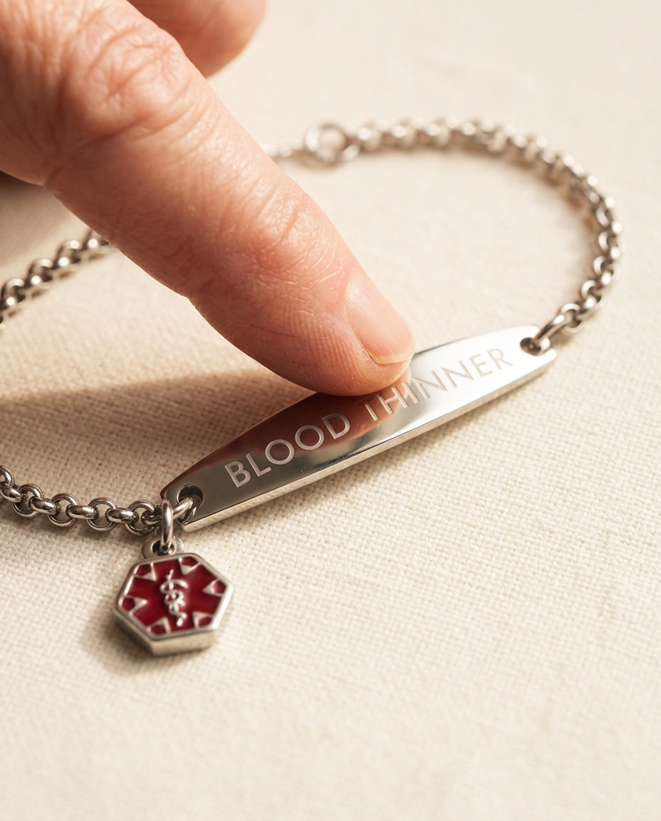 A fingertip resting on the BLOOD THINNER engraving of the bracelet