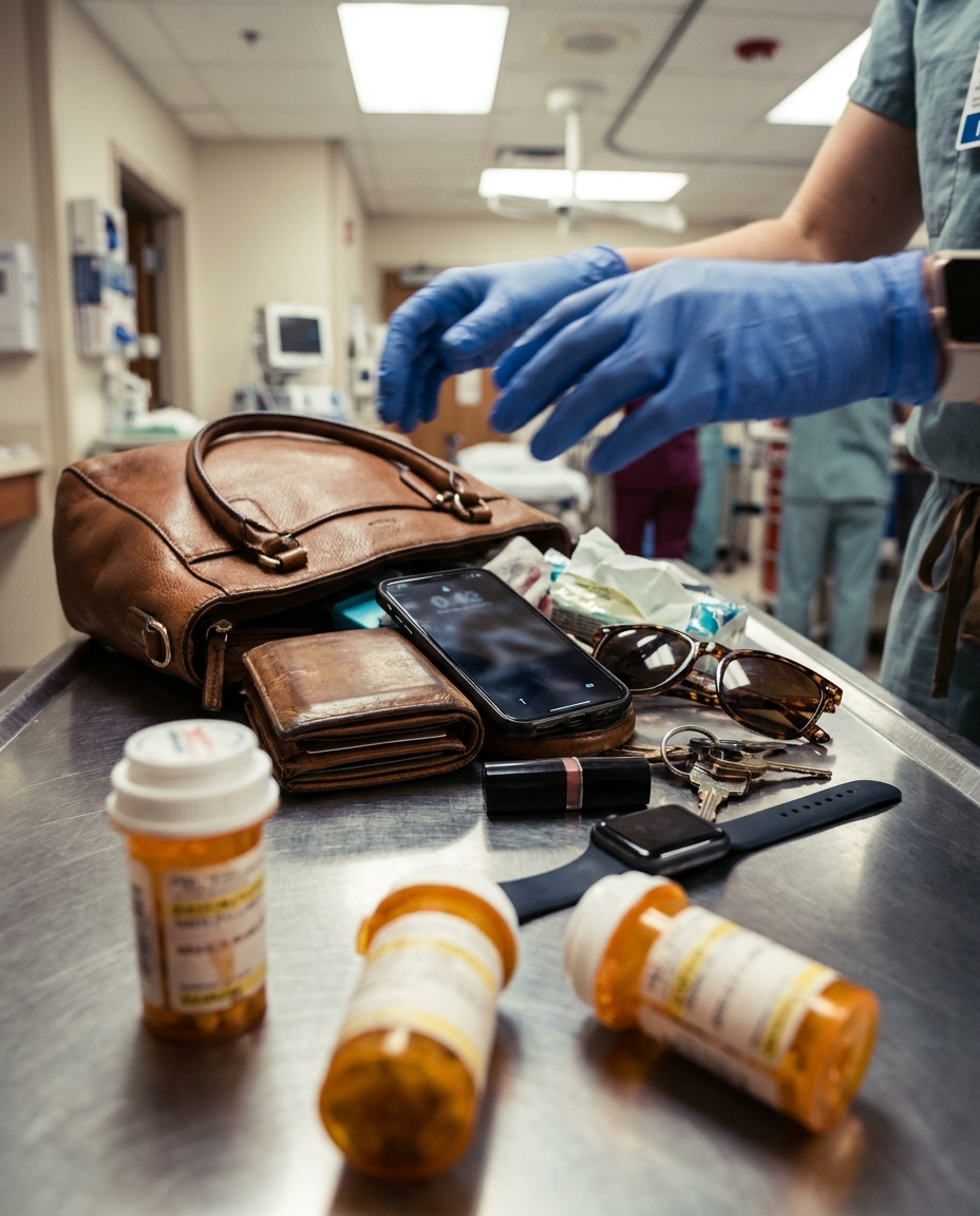A woman's purse contents dumped on an ER intake counter while a nurse searches through them