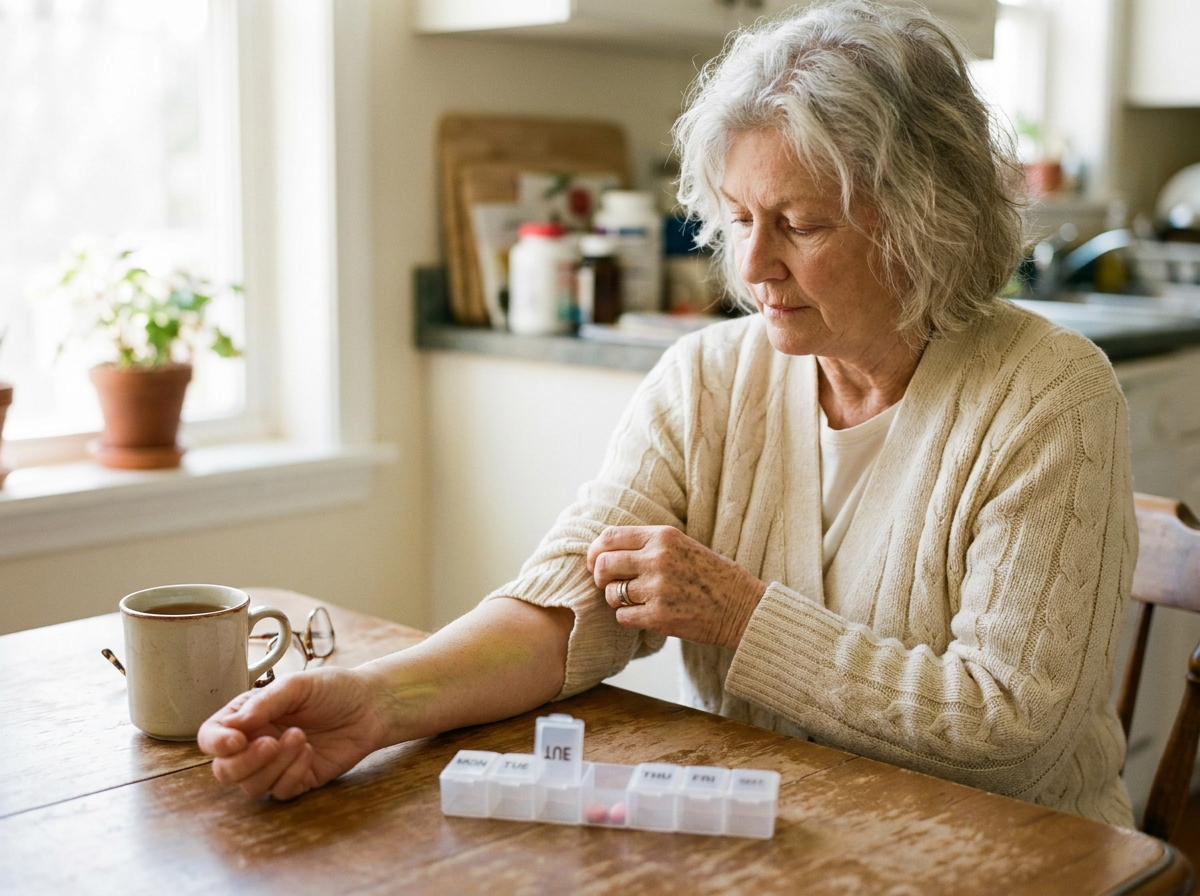 A woman at her kitchen table gently pulls her cardigan sleeve over a faint bruise on her forearm, weekly pill organizer open beside her tea