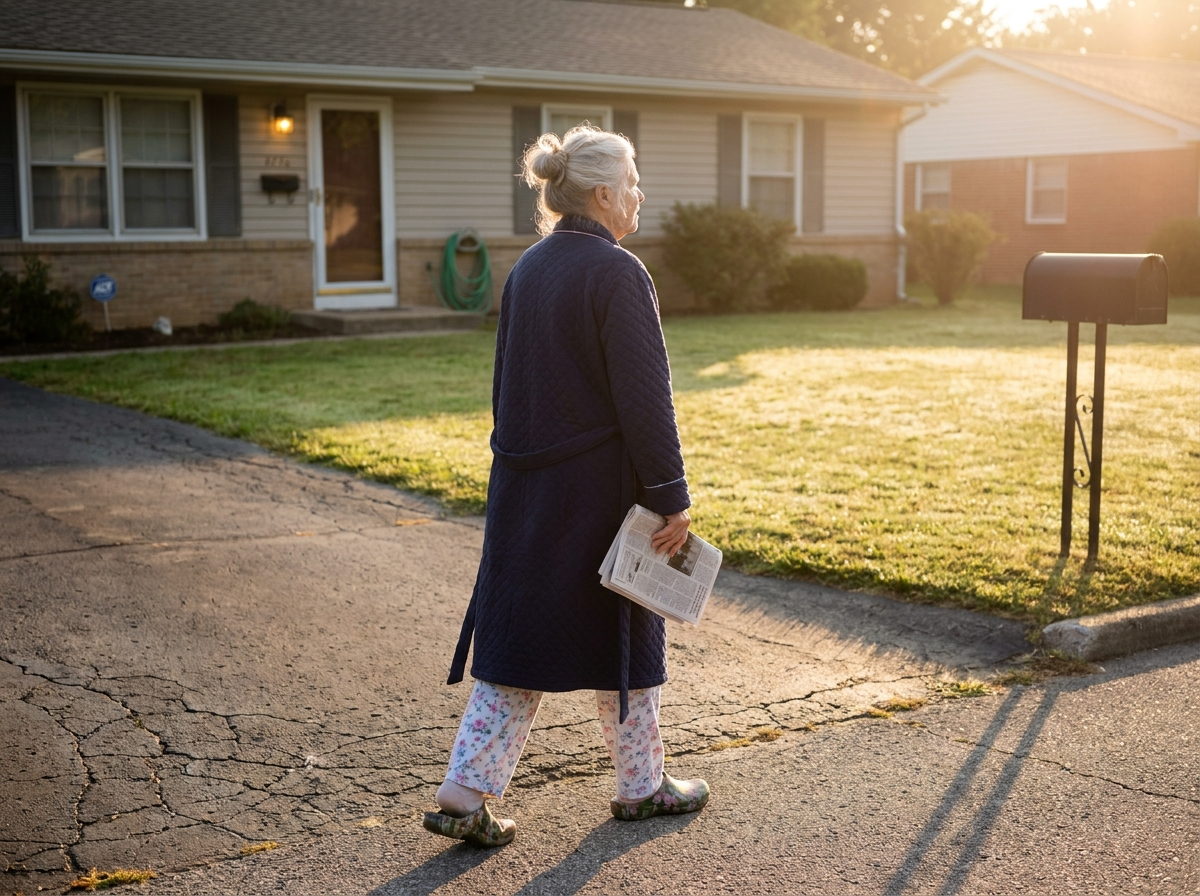 A woman in a quilted robe walks down her driveway toward the mailbox in golden 7 AM light, newspaper in hand