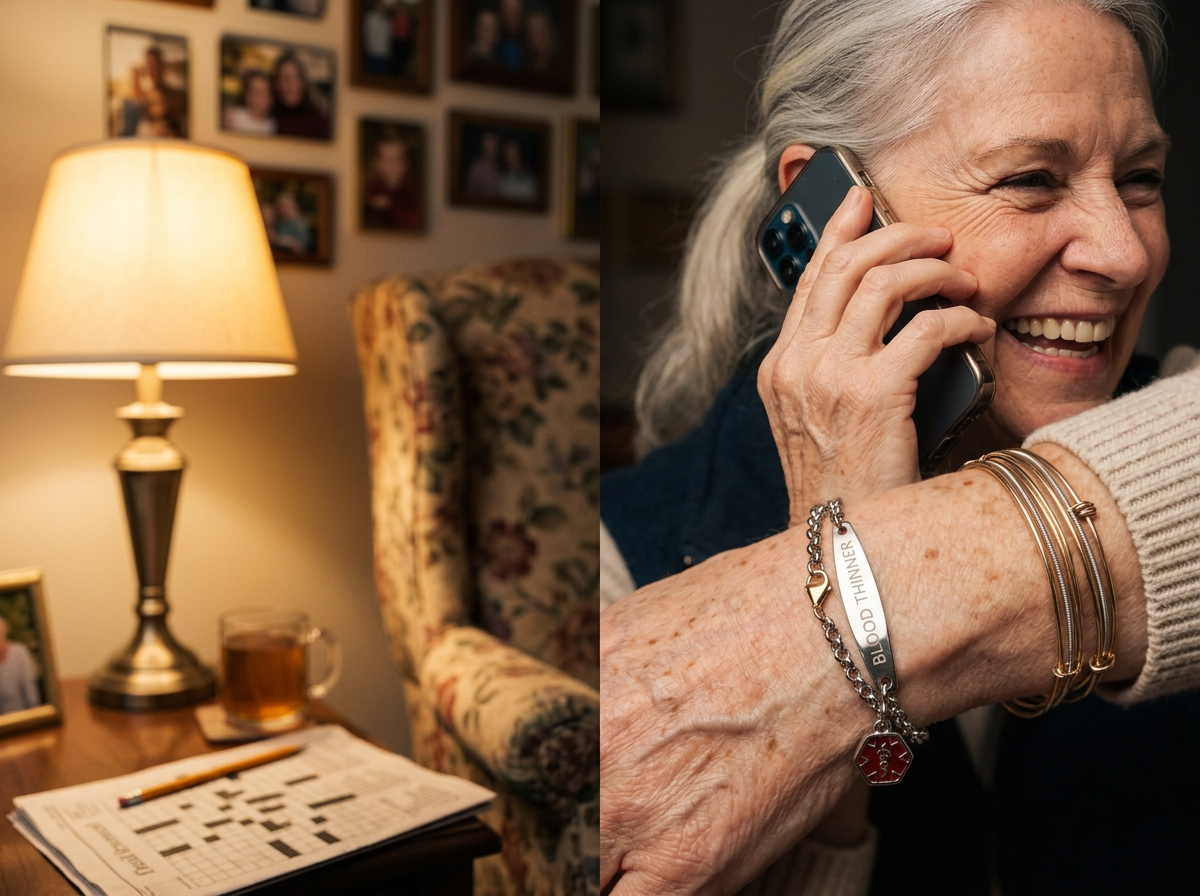 A woman laughing on the phone in her armchair at lamplight, the BLOOD THINNER engraving of her Wrist-Check Bracelet in crisp focus on the hand holding the phone