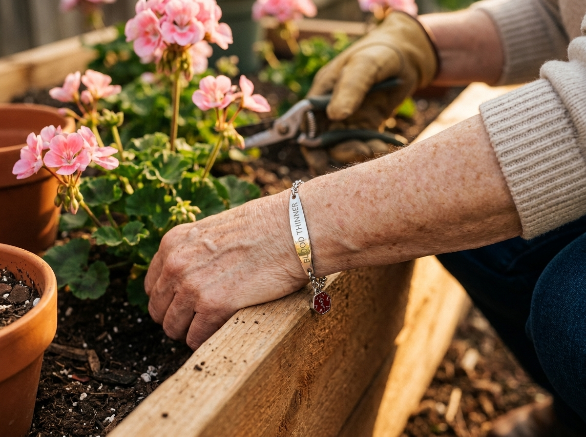 A woman deadheading pink geraniums at a raised bed, the Wrist-Check Bracelet's BLOOD THINNER engraving in crisp focus on her bare wrist