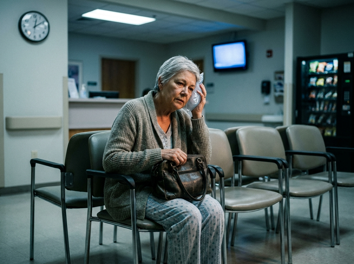 A woman alone in an ER waiting room at night, ice pack pressed to her head
