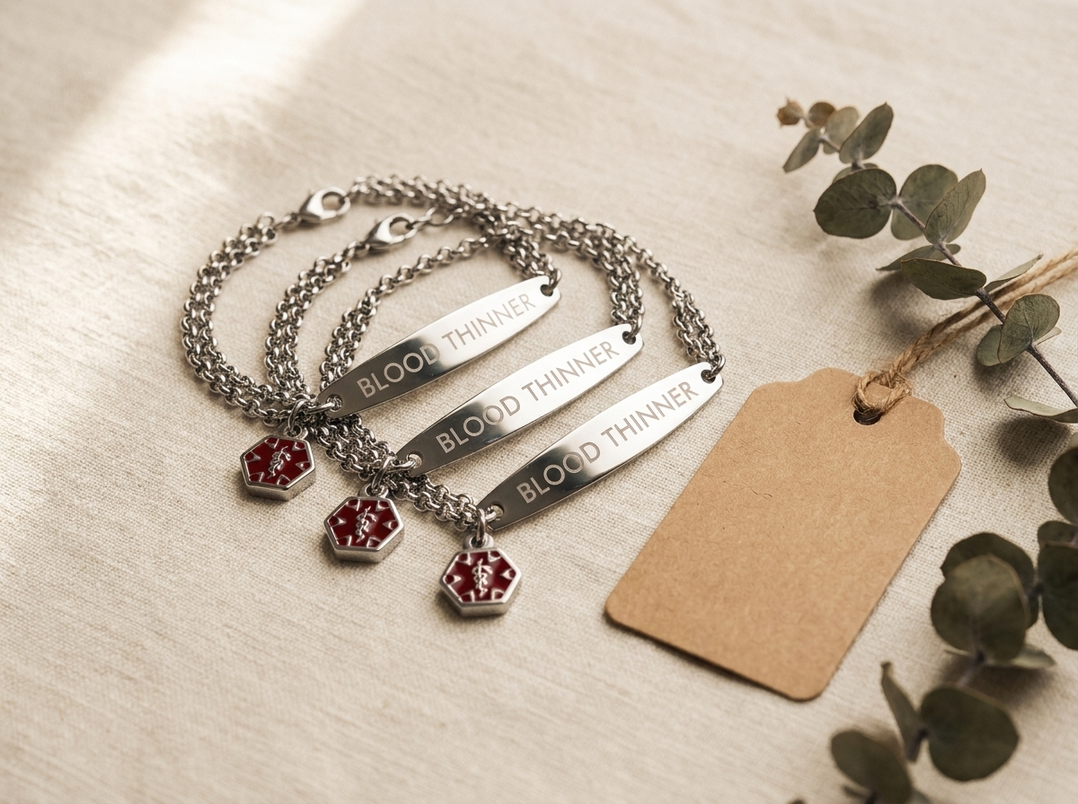 Three Wrist-Check Bracelets on cream linen with a kraft gift tag: one for my sister, one for my best friend, one for me