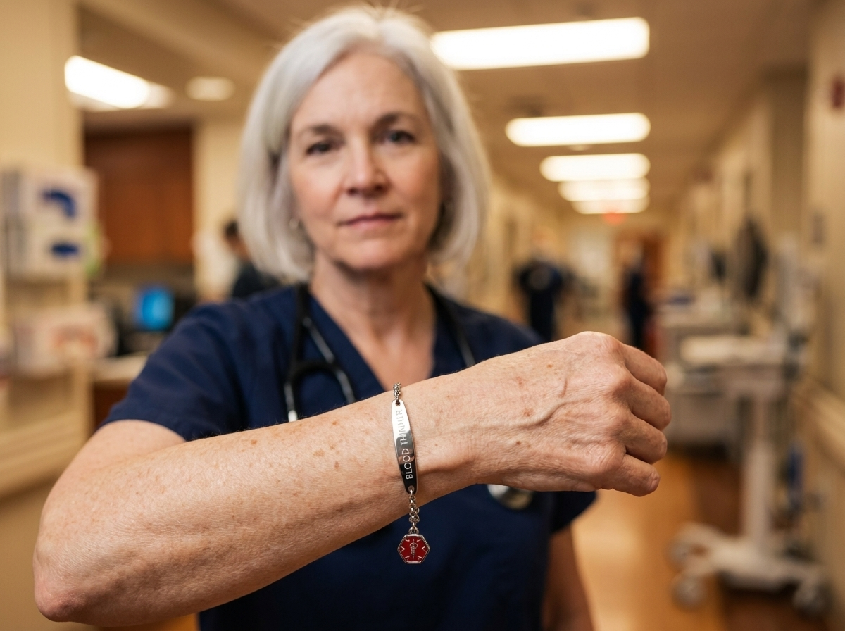 Dr. Linda Hayes in navy scrubs reading the BLOOD THINNER engraving on a patient's Wrist-Check Bracelet