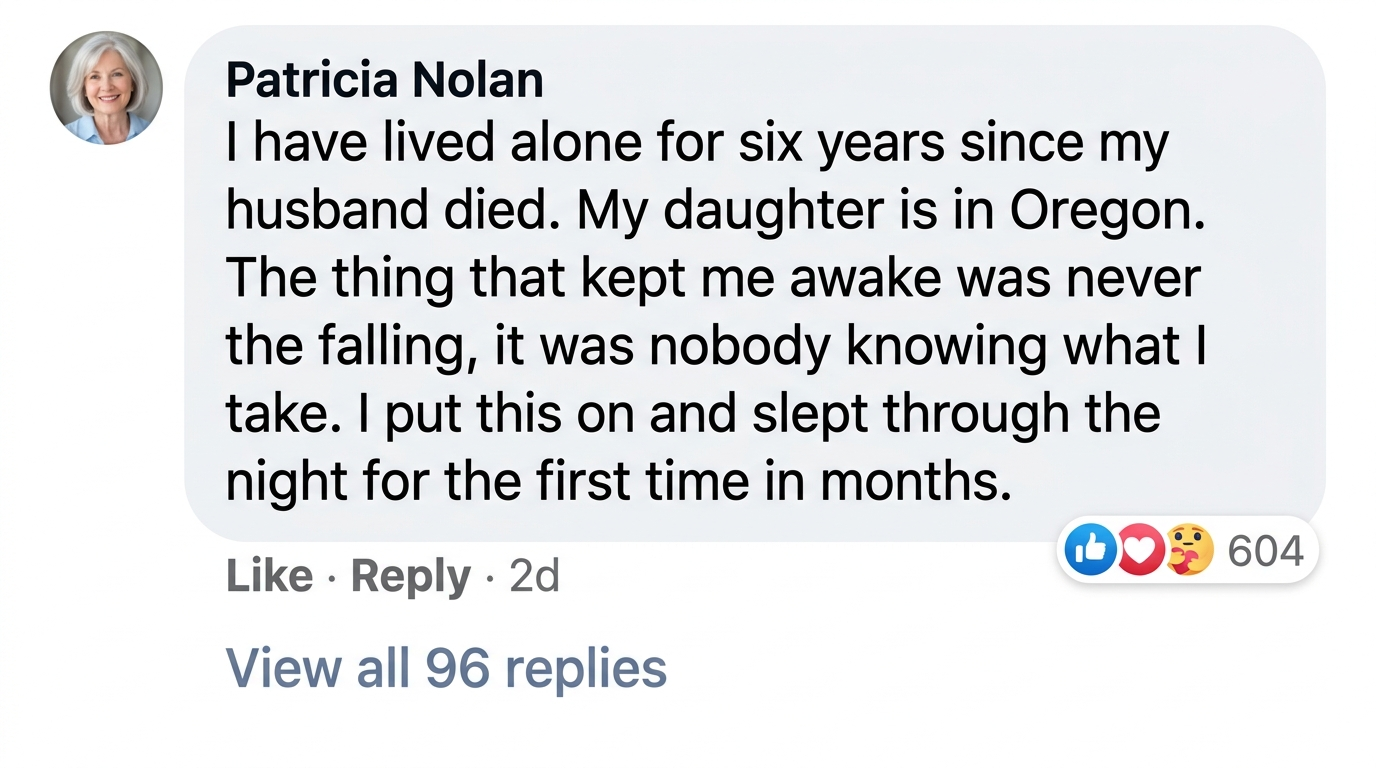 Verified WristAlert review from Patricia Nolan, Asheville: lived alone six years since her husband died, what kept her awake was nobody knowing what she takes