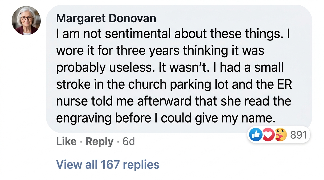 Verified WristAlert review from Margaret Donovan, Providence: the ER nurse read the engraving before she was conscious enough to give her name