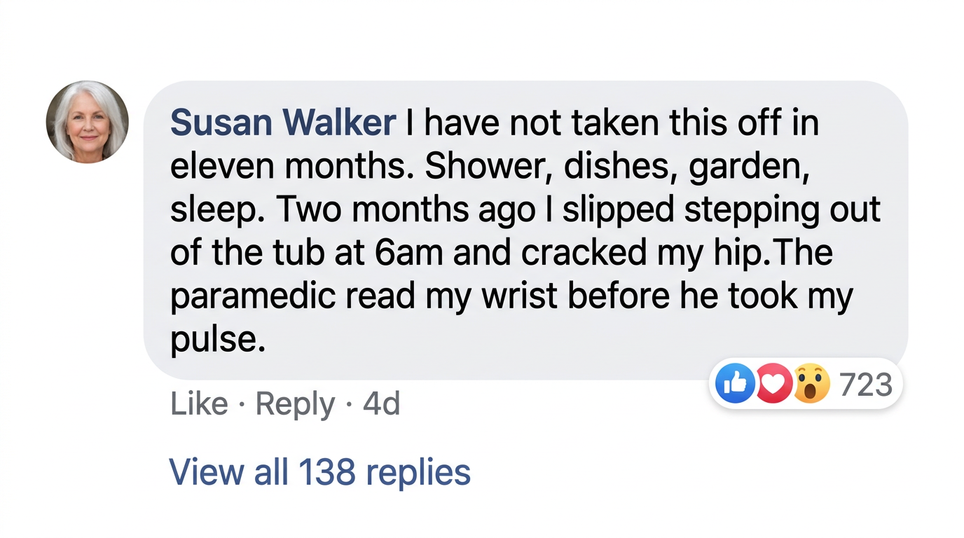 Verified WristAlert review from Susan Walker, Kansas City: slipped stepping out of the tub at 6am, the paramedic read her wrist before he took her pulse