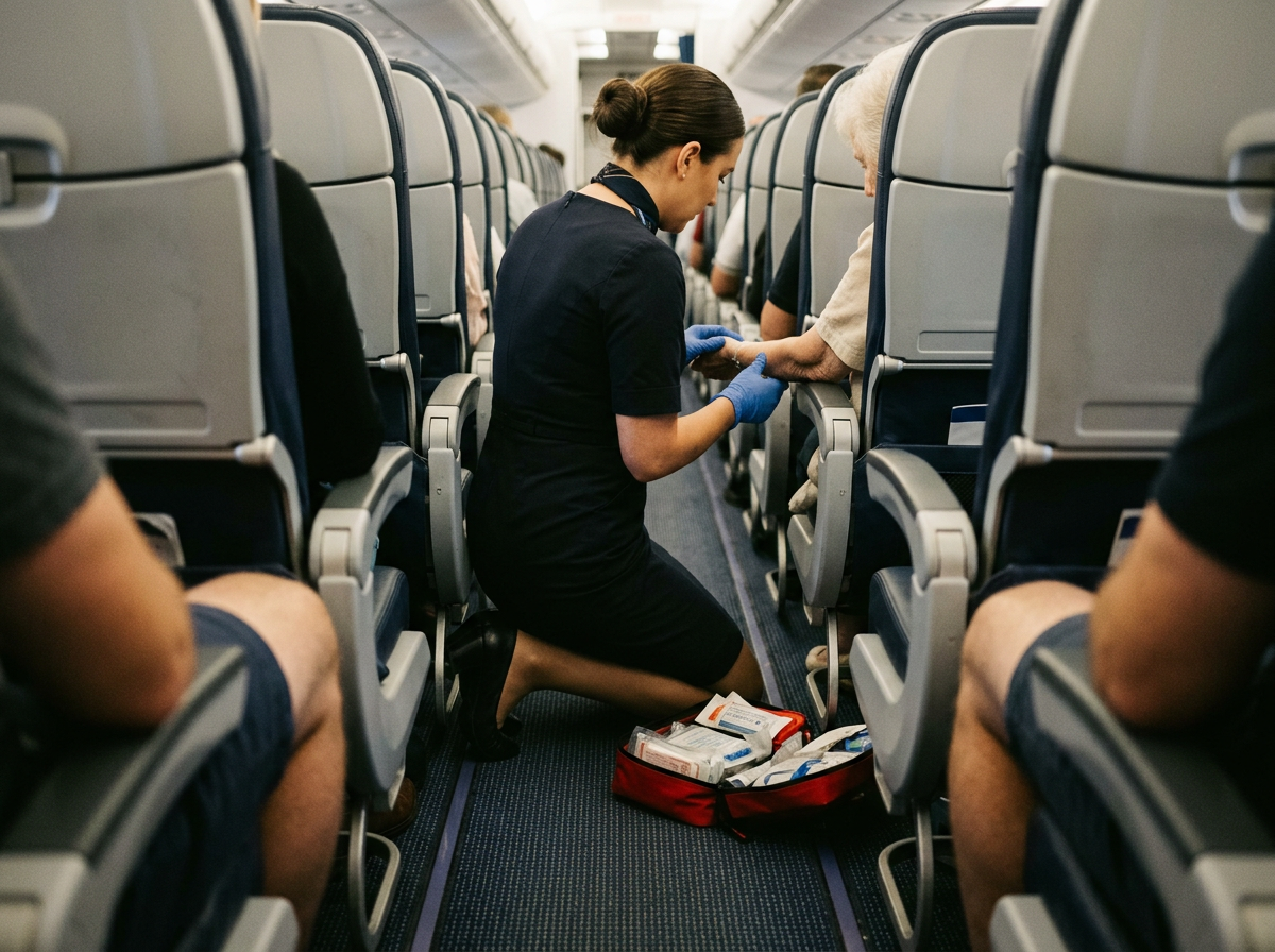 A crew member kneeling in a narrow airliner aisle beside an elderly passenger, medical kit open on the floor