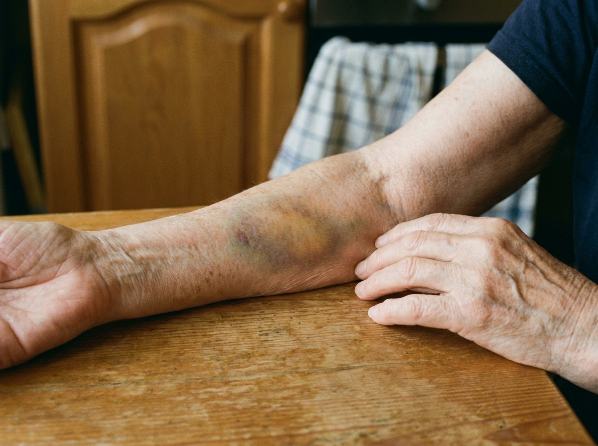 An older woman's forearm resting on a kitchen table with a large soft-edged bruise the size of a plum