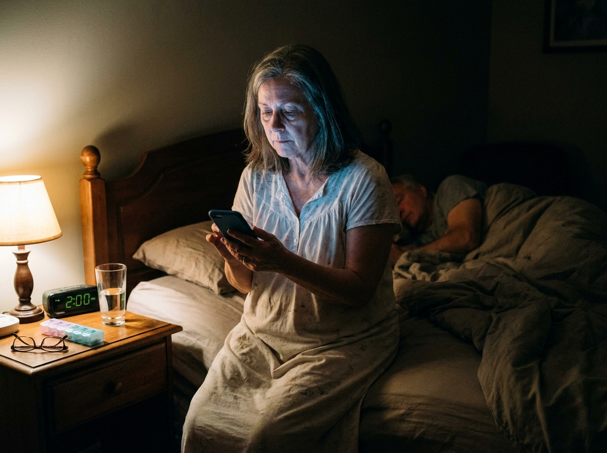 A woman sitting up in bed at night, lit by her phone screen, unable to sleep