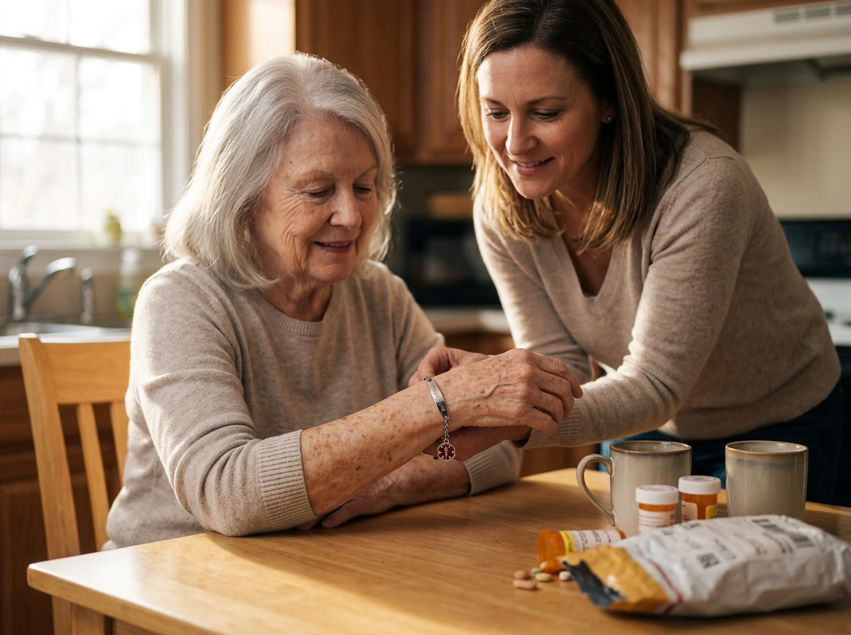 An adult daughter fastening the Wrist-Check Bracelet onto her mother's wrist at a sunlit kitchen table