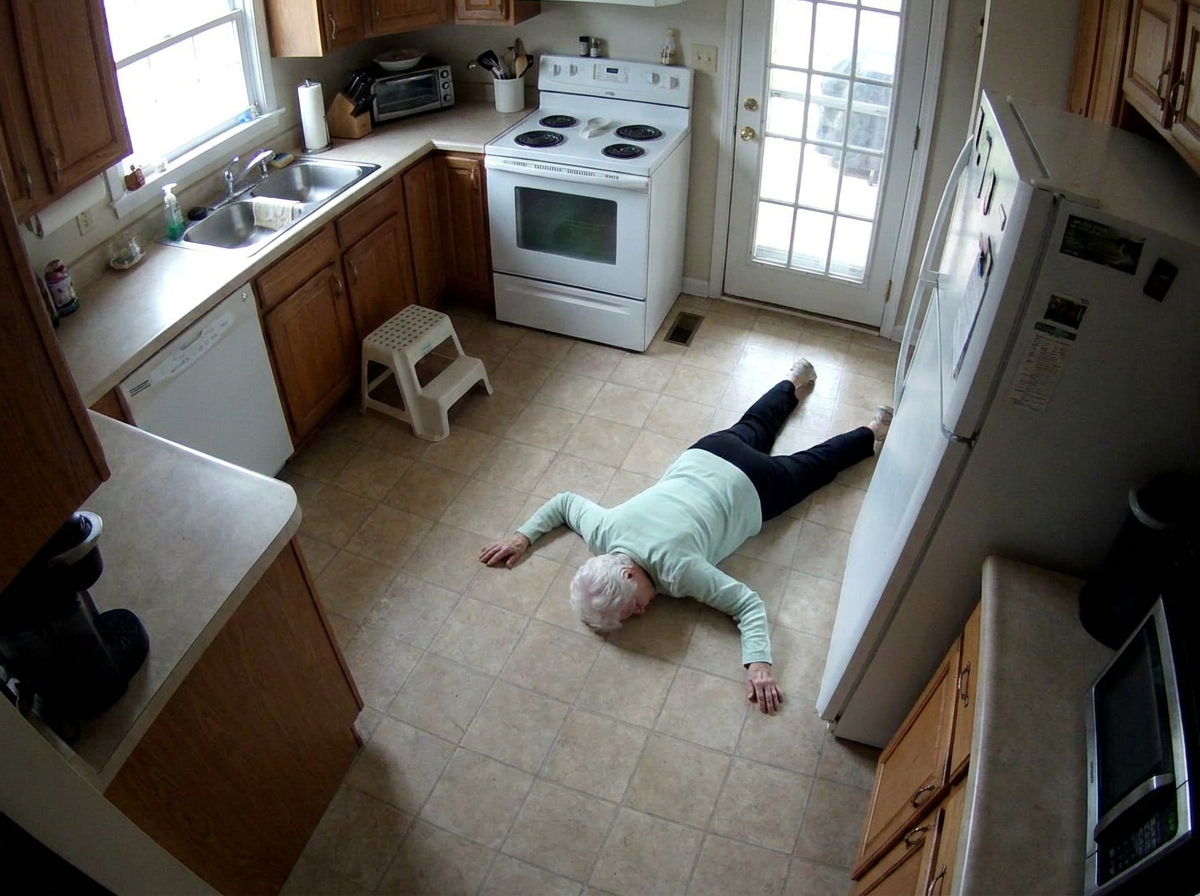 A still frame from a home security camera looking down into an ordinary kitchen where an elderly woman lies motionless on the tile floor