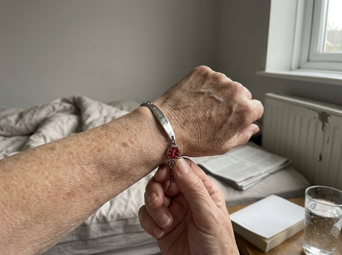 A woman photographed from her own eyeline, turning her wrist to look at the bracelet she has just fastened