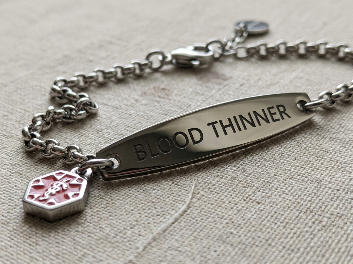 Macro photograph of the BLOOD THINNER engraving cut deep into the polished steel plate