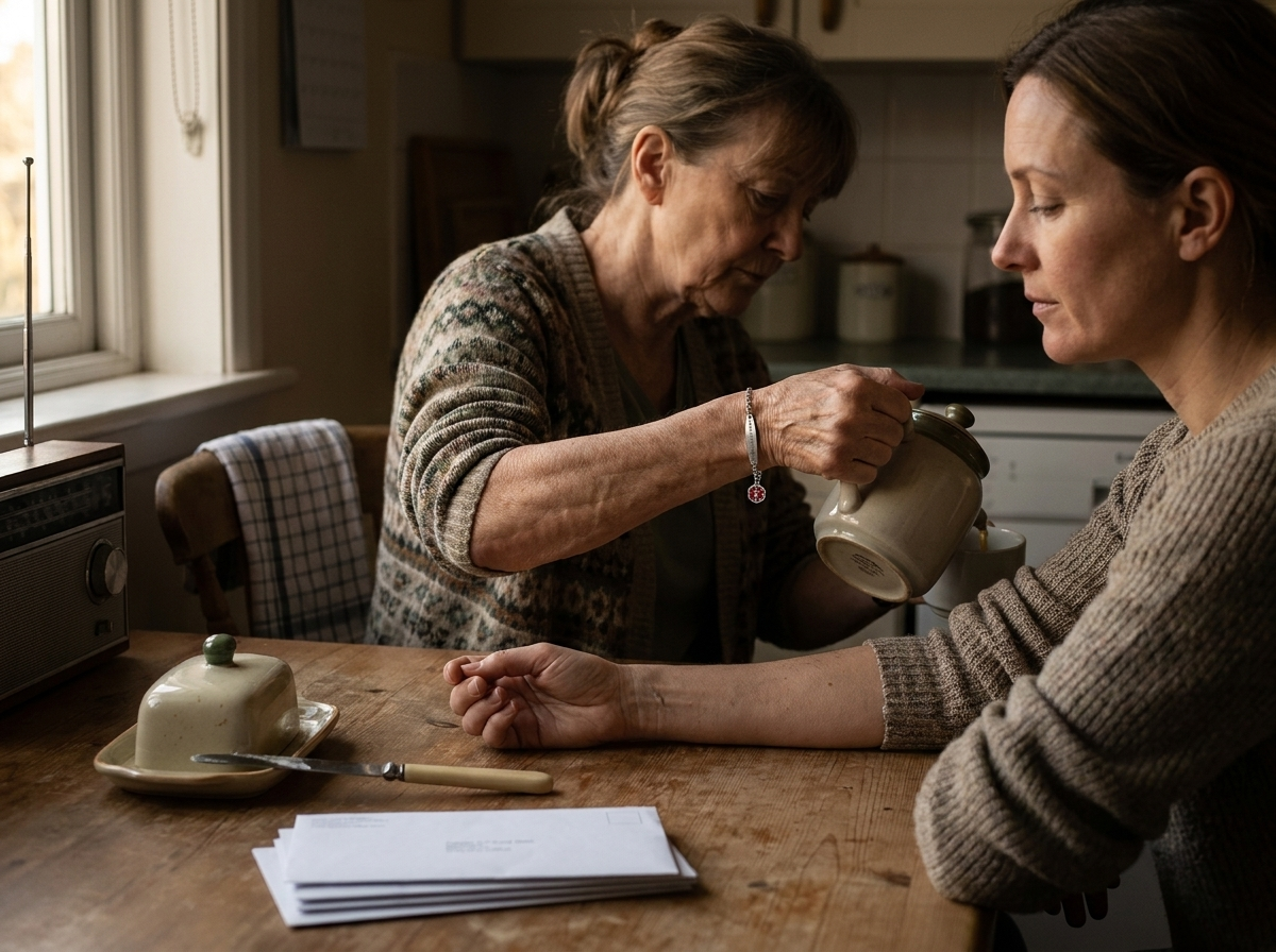 A daughter glancing at her mother's forearm across a kitchen table while her mother pours tea