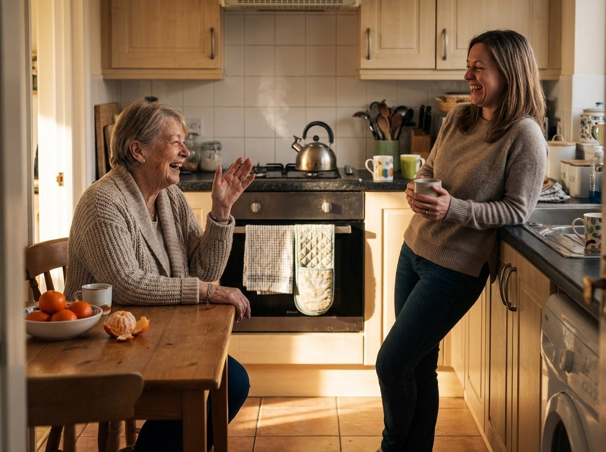 A mother and her adult daughter laughing together in a kitchen, the bracelet visible and unremarked