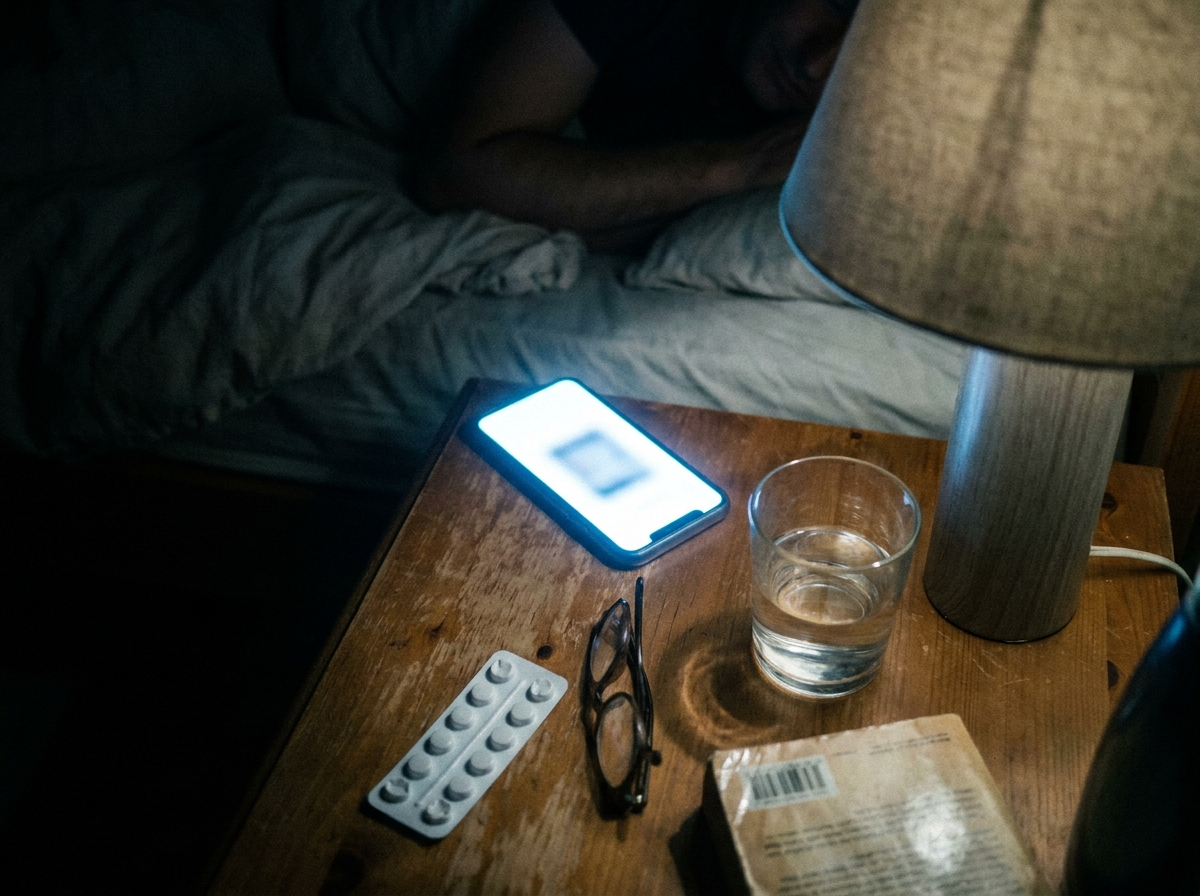 A phone screen lighting a dark bedside table at night, the only light in the room