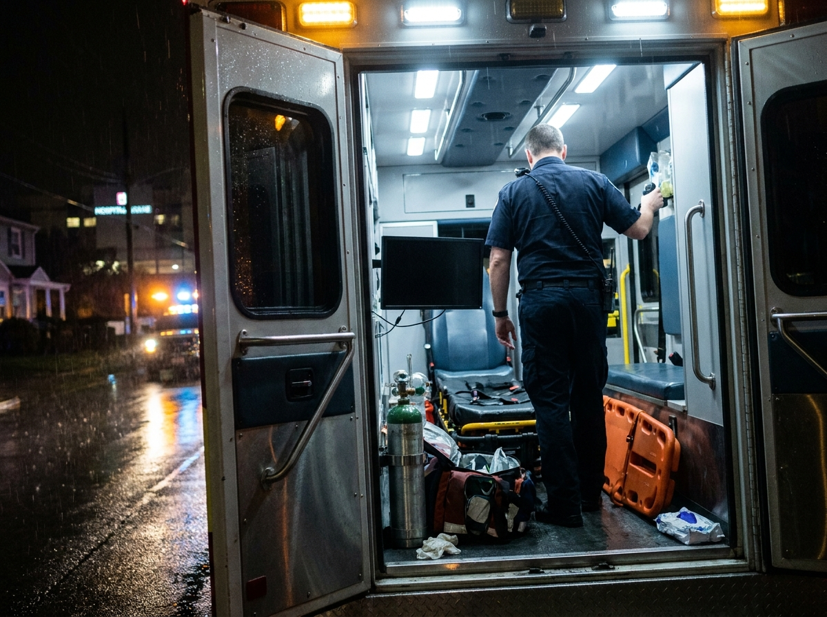 The interior of an ambulance at night, a paramedic mid-transmission on the shoulder radio