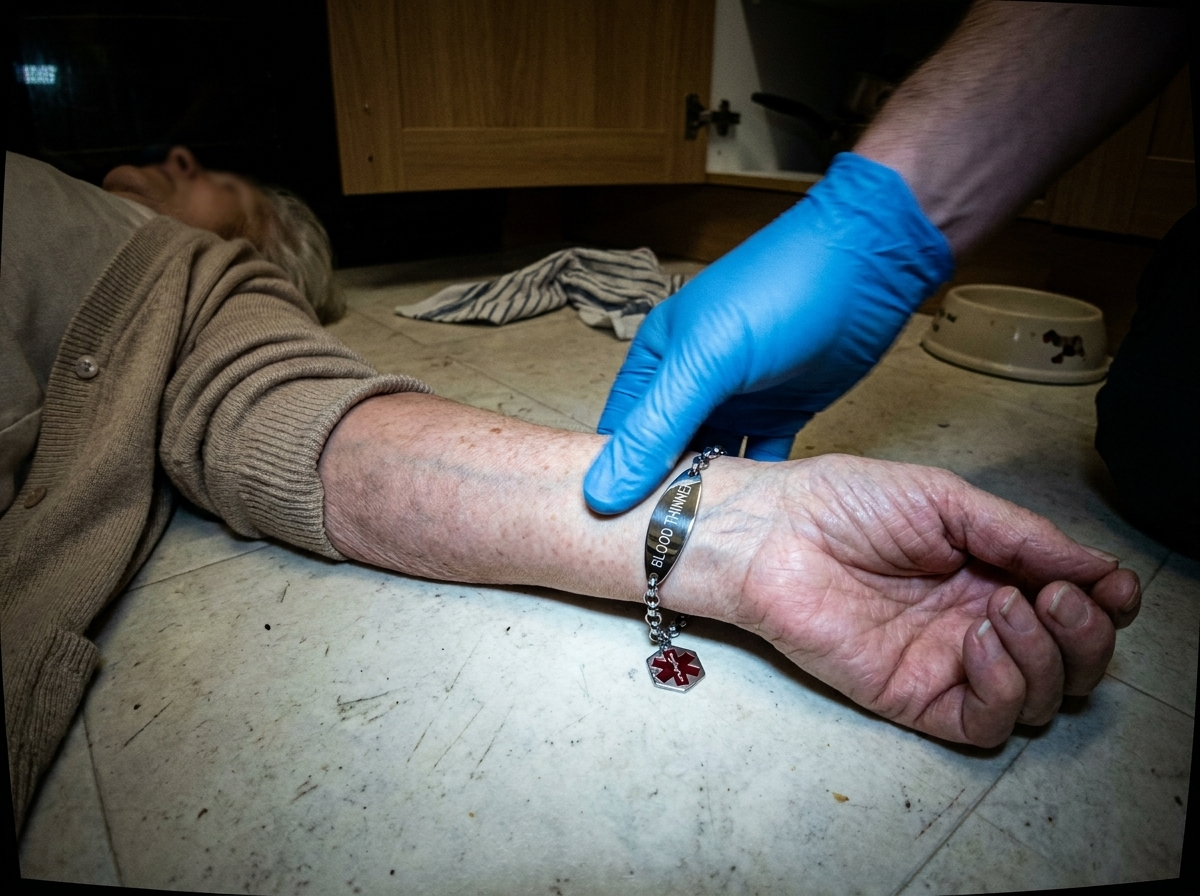 A paramedic's gloved hand closing around a woman's wrist to take her pulse, the engraved bracelet turning into the light