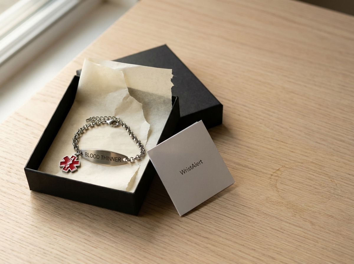 The bracelet in its open gift box beside the WristAlert Emergency ID Card in morning light