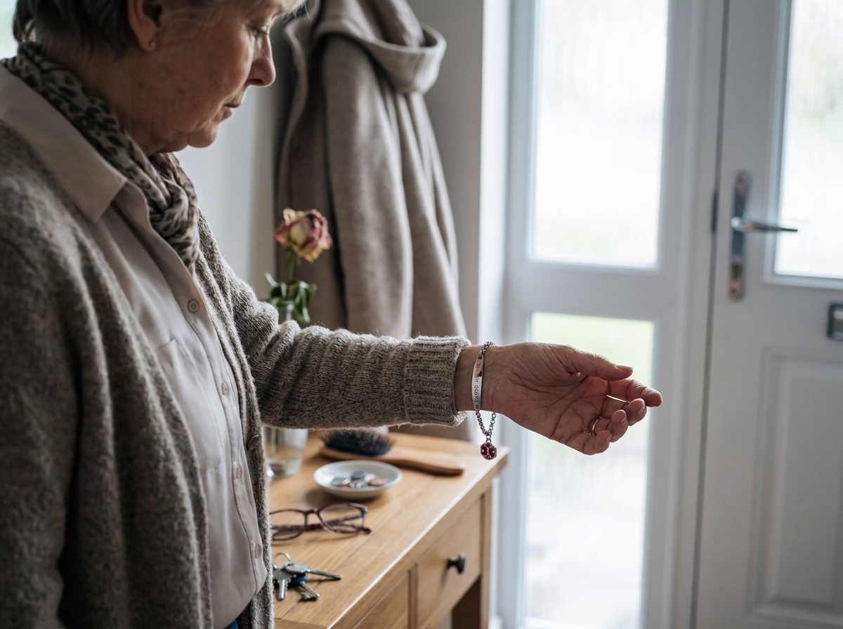 A woman fastening the bracelet onto her own wrist at a hall table, coat on, alone