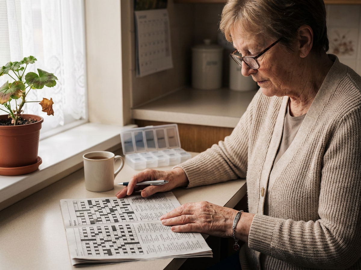 A woman entirely well at a kitchen window in the late morning, doing the crossword