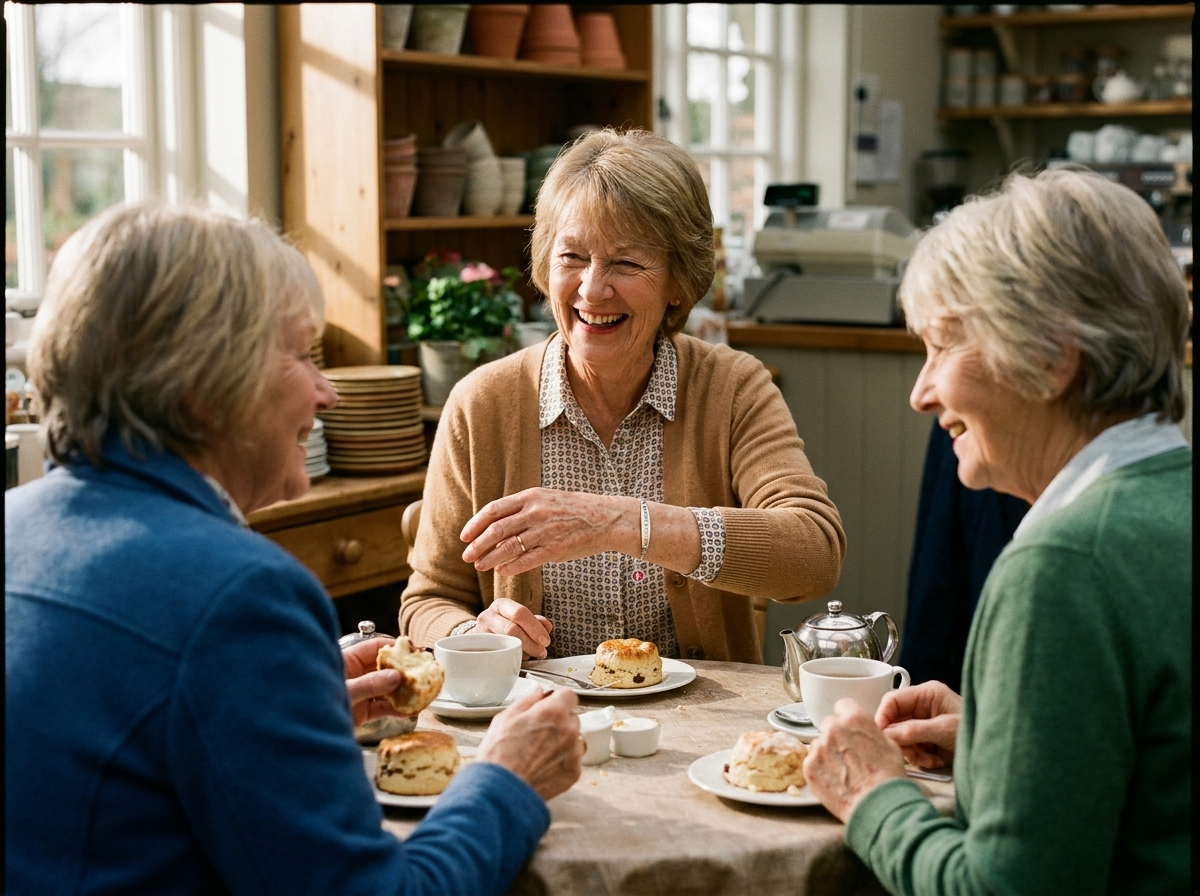 Three women at a tea room table, one turning her wrist to show the bracelet while the others lean in to look