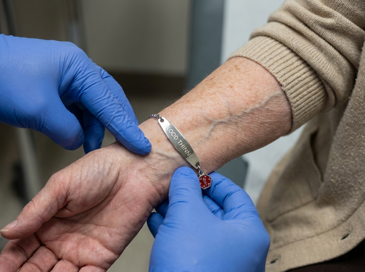 A paramedic's gloved hands turning the engraved plate of a Wrist-Check Bracelet into the light while finding a radial pulse