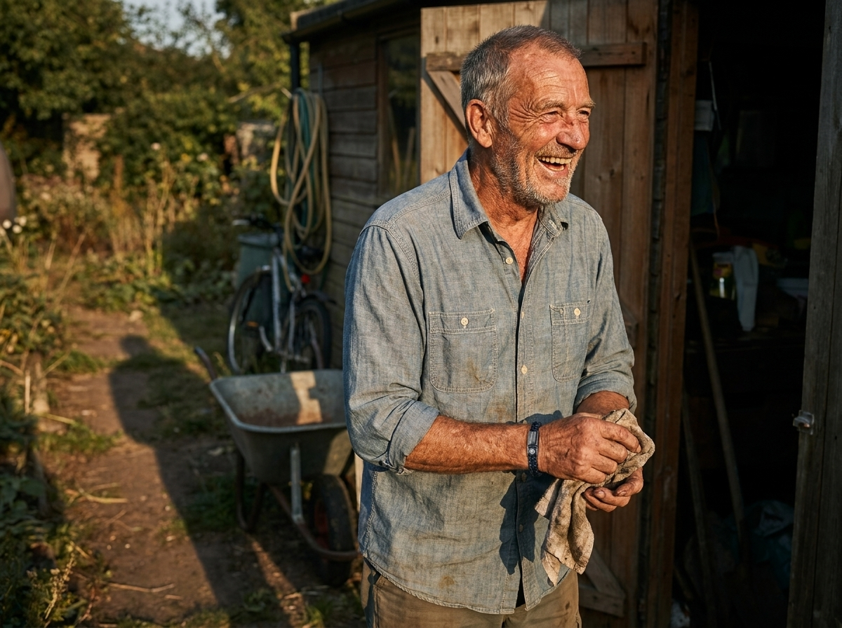 A man in his sixties at his garage door at dusk, wiping his hands, laughing, the band on his wrist