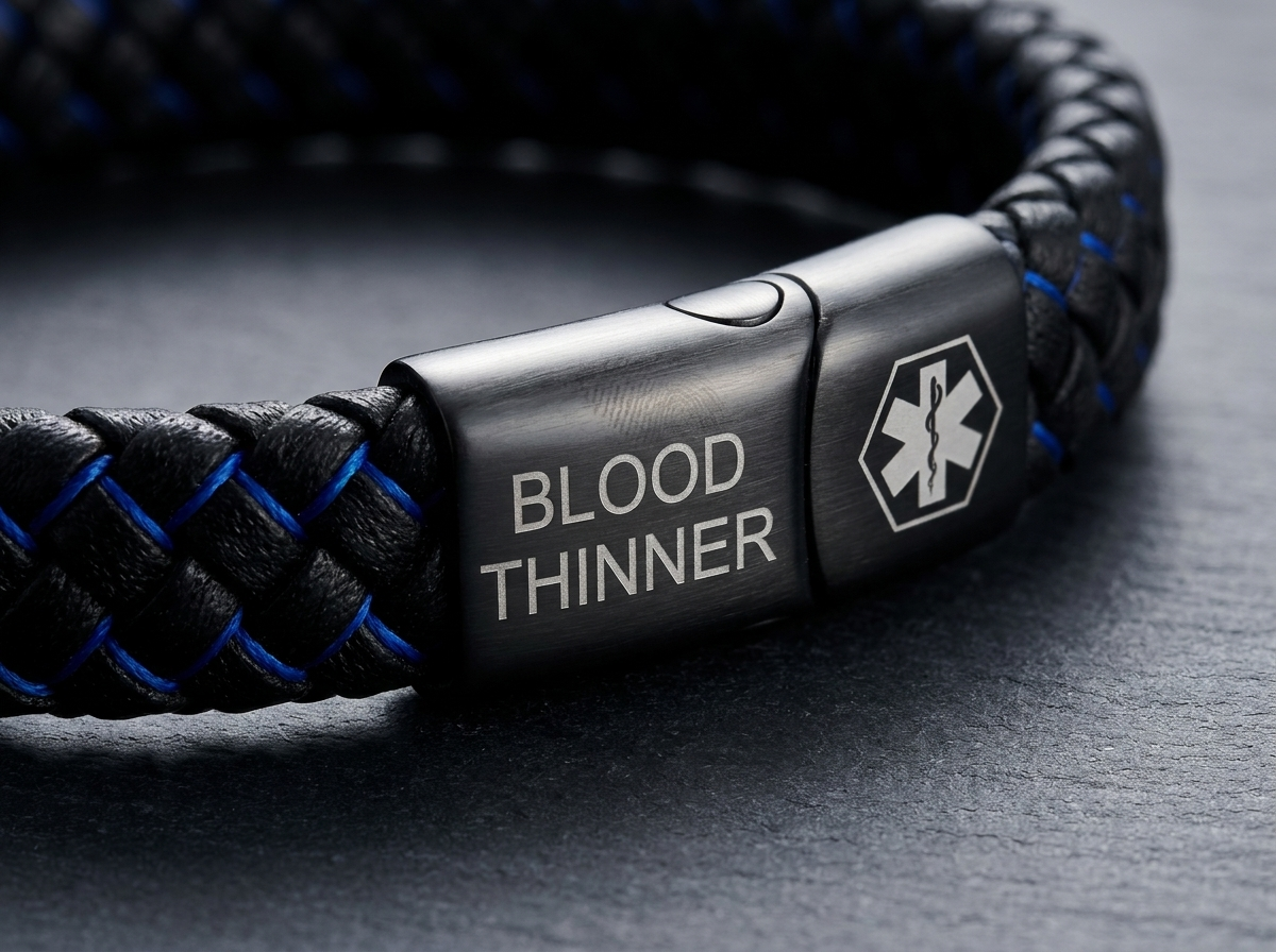 Macro of the BLOOD THINNER engraving cut into the gunmetal clasp beside the Star of Life