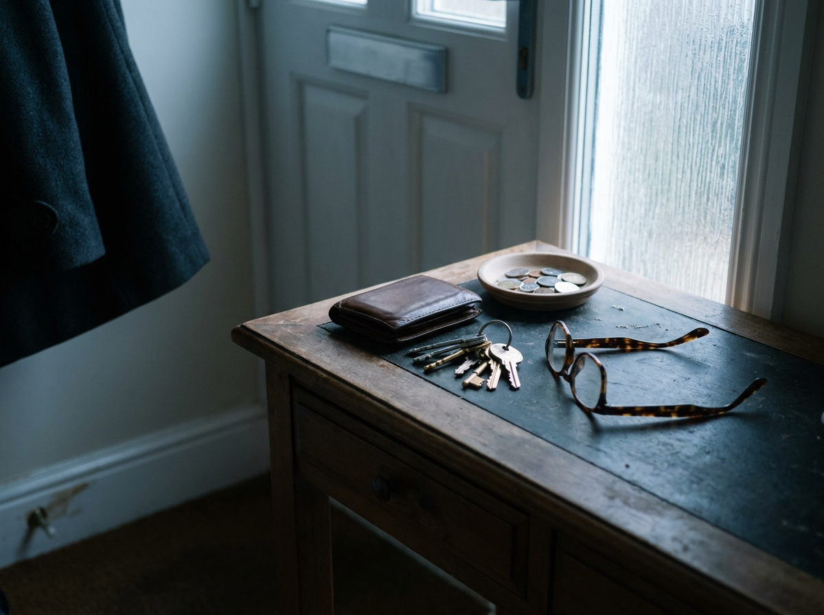 A wallet, keys and reading glasses left on a hall console table by the front door