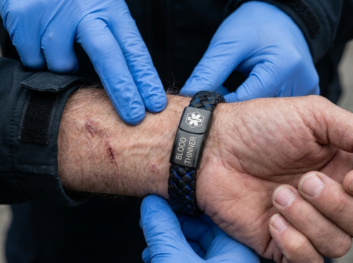 A paramedic's gloved hands taking a radial pulse on a man's wrist, the engraved clasp turning into the light