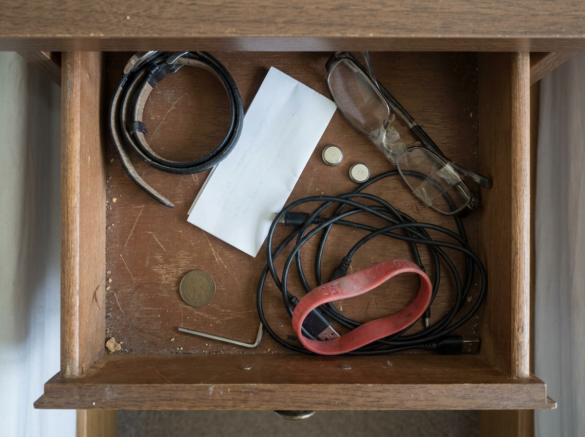 An open bedside drawer with a faded, unworn silicone medical band half buried under old cables